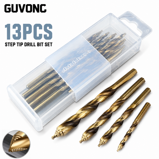 13-Piece Cobalt Steel Step Drill Bit Set, Gift Boxed Tool Kit with Gold Oxide Coating, Suitable for Stainless Steel and Hard Metals, Sizes Ranging from 1 mm/0.039 inch to 6.5 mm/0.25 inch