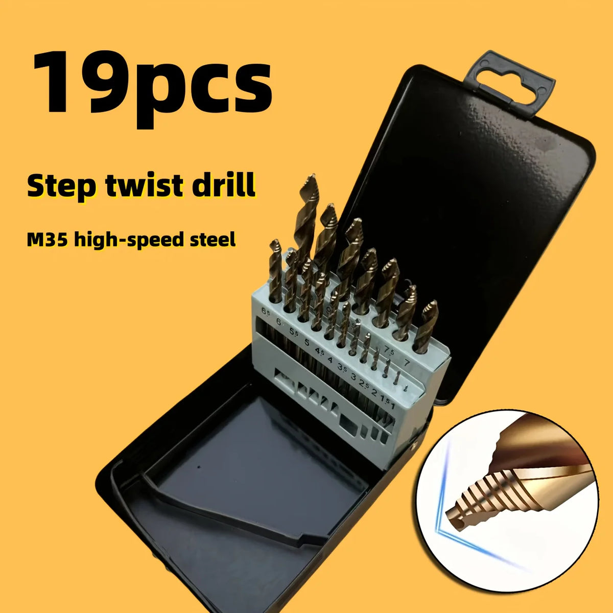 19-Piece (1mm-10mm) Coated Gold-Toned Step Drill Bit Set - Carbide High-Speed Steel Grooved Hole-Drilling Bits with Aluminum Alloy Straight Shank Twist Drills, Suitable for Hardened Steel, Metal, Cast Iron, Wood & Plastic